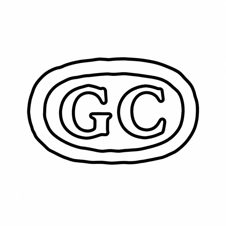 G C: Two rounded initials and the visible nested oval boundary are retained in the original horizontal arrangement. line reconstruction.