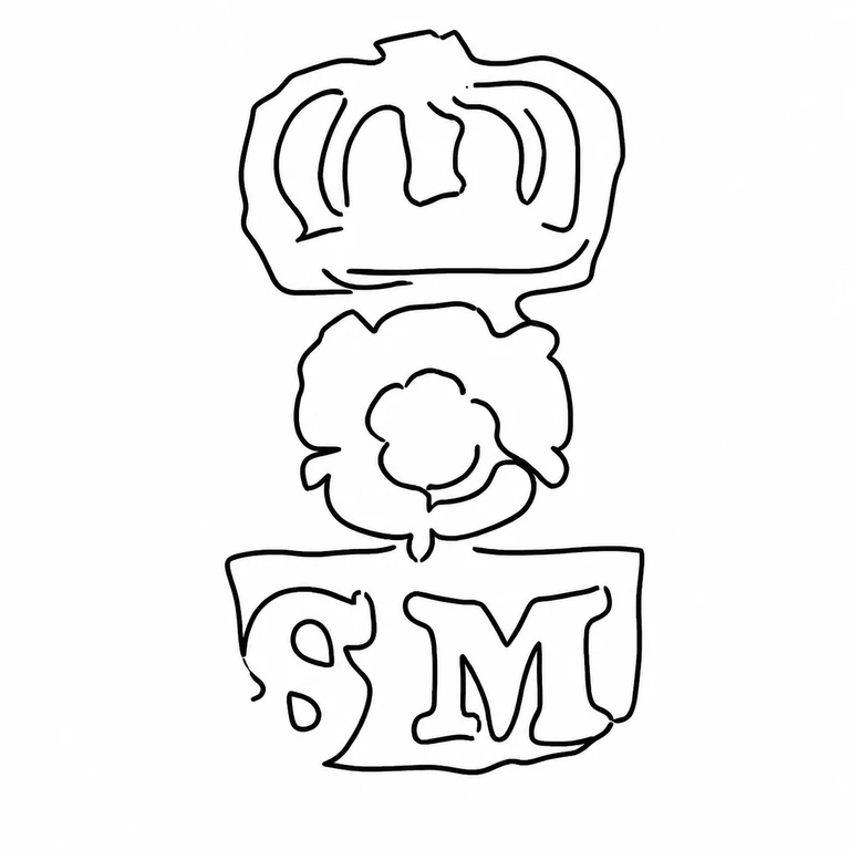 John Smith: The crown-like upper device, central flower-like device, and lower two-letter panel remain in the observed vertical order with their visible enclosing forms. line reconstruction.