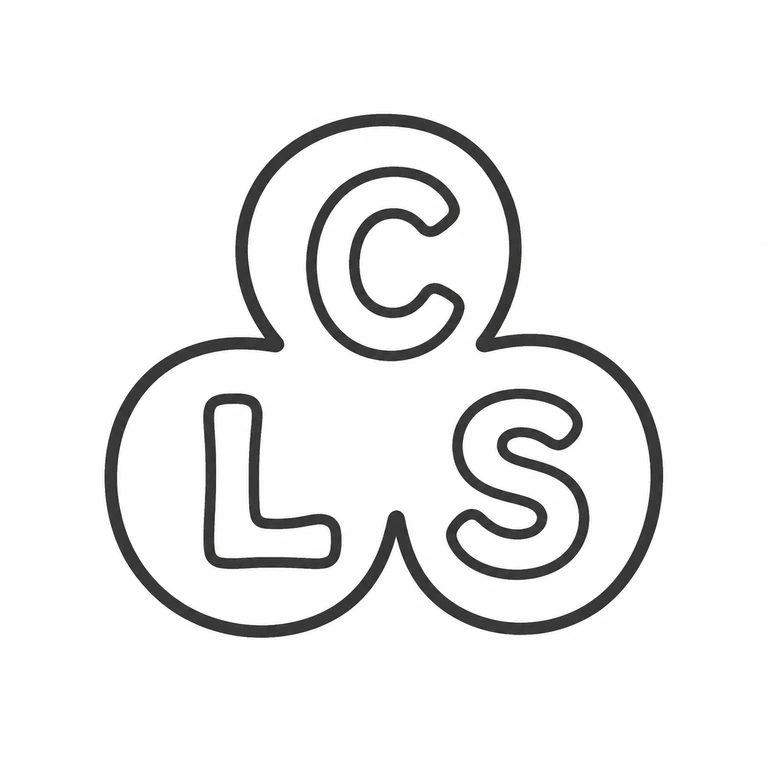 C L S: Three touching round lobes retain the upper C and lower L/S arrangement, with circular lobe outlines and internal letter contours matching the visible source form. line reconstruction.