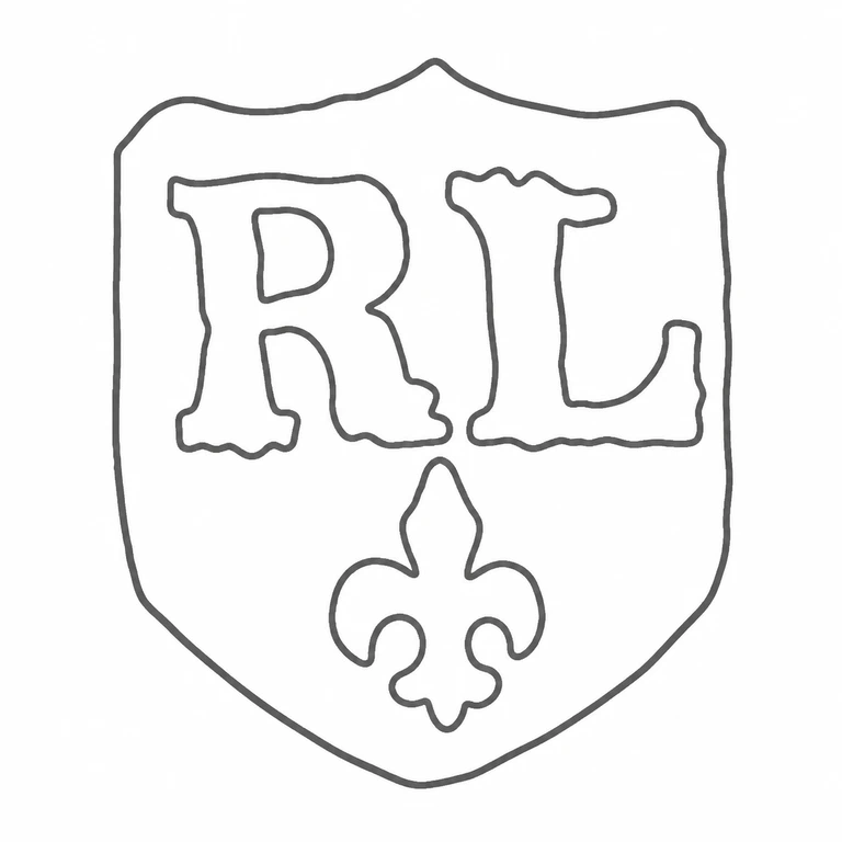 Ralph Leake (or Leeke): Shield, R L initials, and lower fleur-de-lis-like device retain the visible arrangement; line reconstruction.
