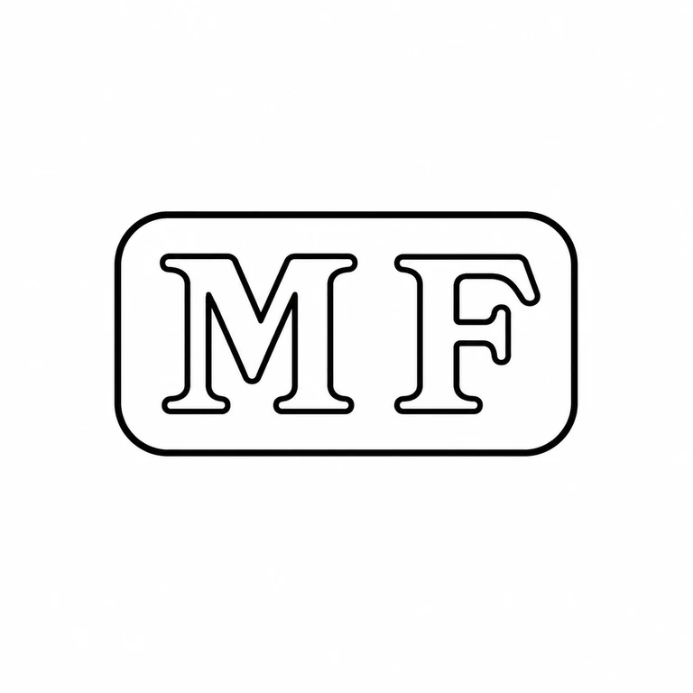 Maurice Freeman: Horizontal MF mark is retained in left-to-right order within one rounded-rectangle punch; the M and F each retain their visible serifed c…; line reconstruction.