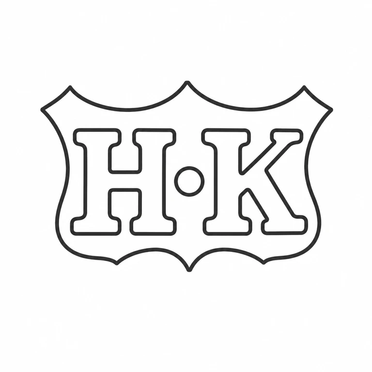 H K: Scalloped cartouche, paired initials, and central stop retain their visible alignment and order. line reconstruction.