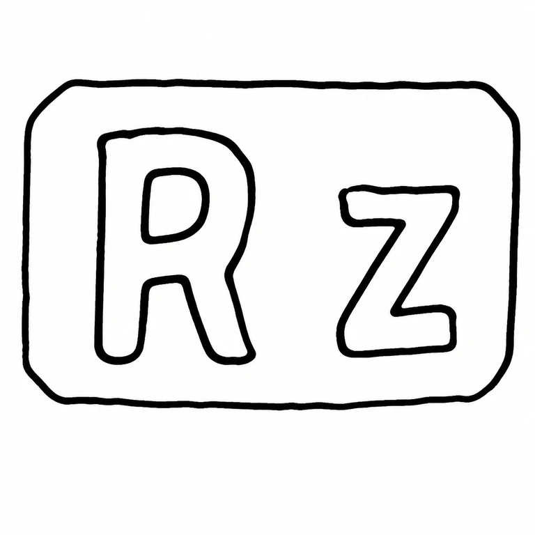 Rizla Ltd: The single broad rounded rectangular cartouche left R/right Z arrangement. the drawing follows the visible R bowl/leg and angular Z; line reconstruction.