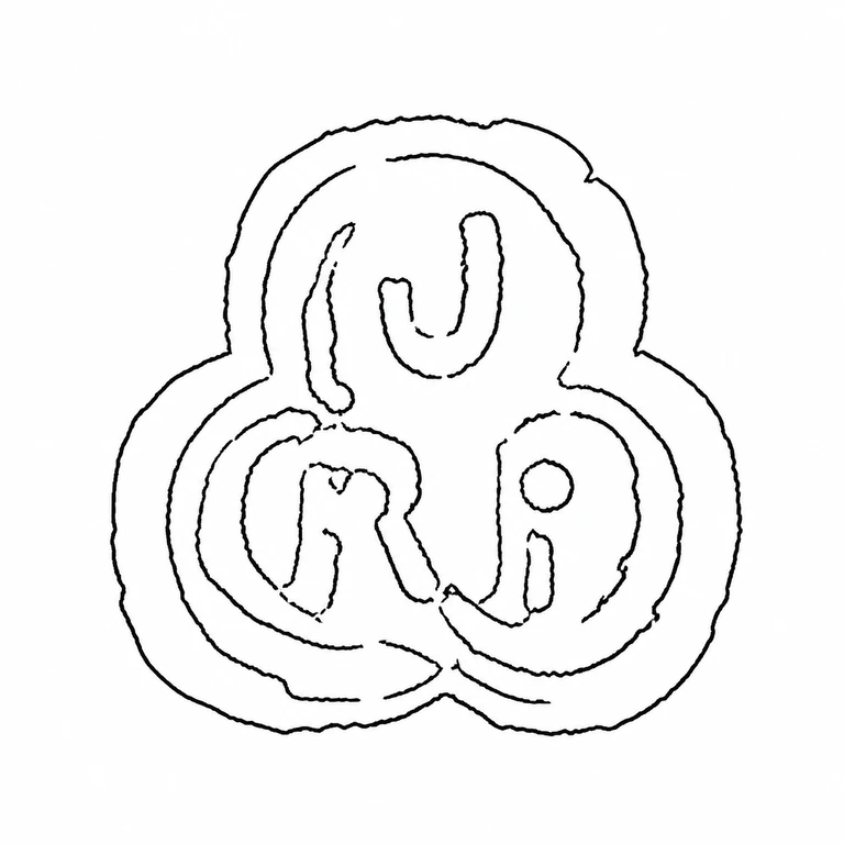 J R P: The three-lobed overlapping cartouche and its upper and lower letter placement follow the visible stamped arrangement. line reconstruction.