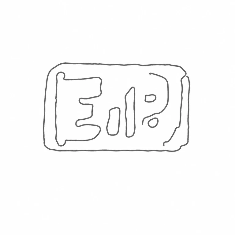 Edwin Page: The single rectangular cartouche and the two visible letterforms are retained in left-to-right arrangement; the drawing keeps the uneven perimeter and the internal letter counters. line reconstruction.