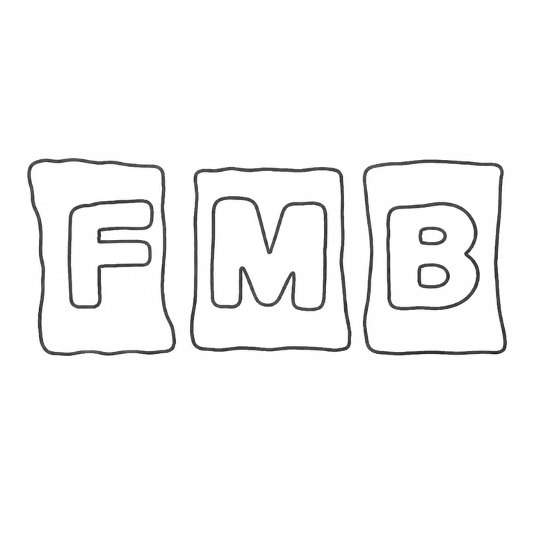 F M B: Three separately framed F, M, B letters remain in their source order and orientation; line reconstruction.