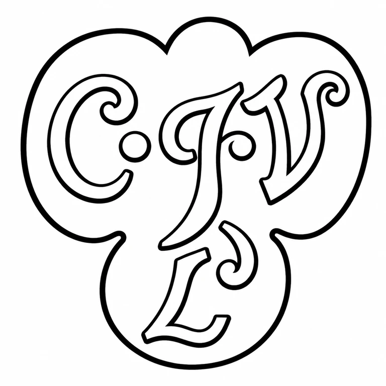 C J Vander Ltd: The three-lobed cartouche, ornate top-row lettering and smaller lower initials are retained in their stacked source arrangement. line reconstruction.