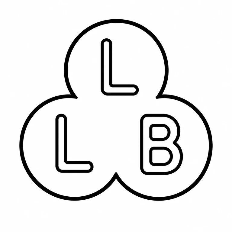 Laurence Llewelyn-Bowen: Three touching circular lobes and their top, lower-left, and lower-right initials reproduce the source arrangement. line reconstruction.