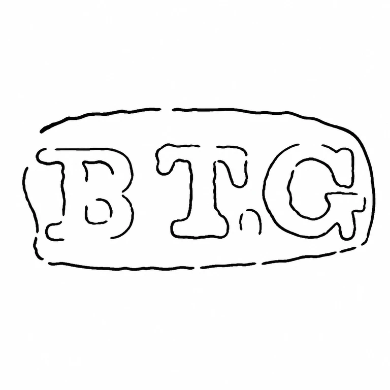 Benjamin Thomas Greening B T Greening Ltd (from 1907): The three visible letters remain in the same horizontal order inside an irregular rectangular stamp, with deliberately broken lines reflecting uncertain photographed edges rather than completed detail. line reconstruction.