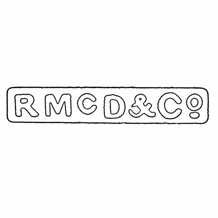 R McD & Co: The long rectangular cartouche and complete sequence of initials, ampersand and final letters are retained in the photographed reading direction. line reconstruction.