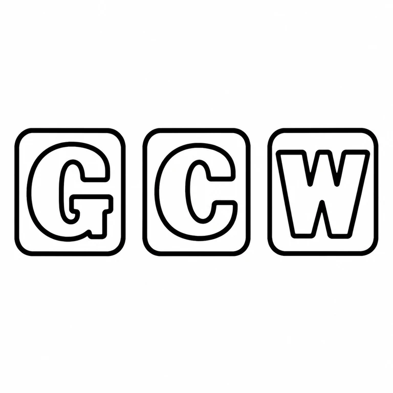 G C W: Three left-to-right letter punches are retained in the same order, each within its own rounded rectangular cartouche. line reconstruction.
