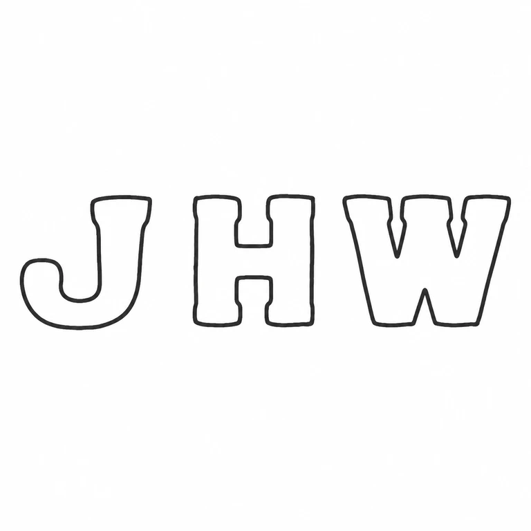 J H W: Three large upright initials are retained in their left-to-right arrangement without added border geometry. line reconstruction.