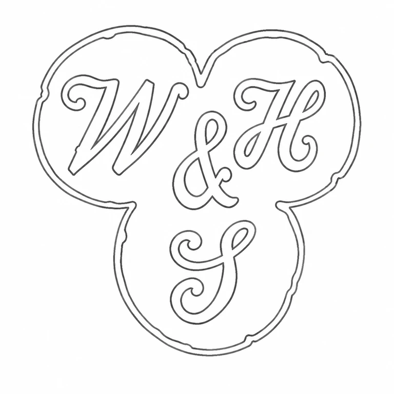 William Hawkes & Son: Three-lobed cartouche, its double perimeter, and the three arranged script forms are retained in the source orientation. line reconstruction.