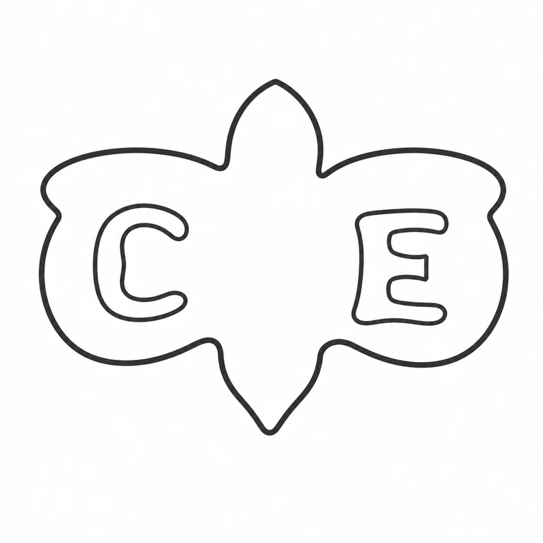 C E: Four-lobed outline and paired initials preserve the source's horizontal placement and orientation. line reconstruction.