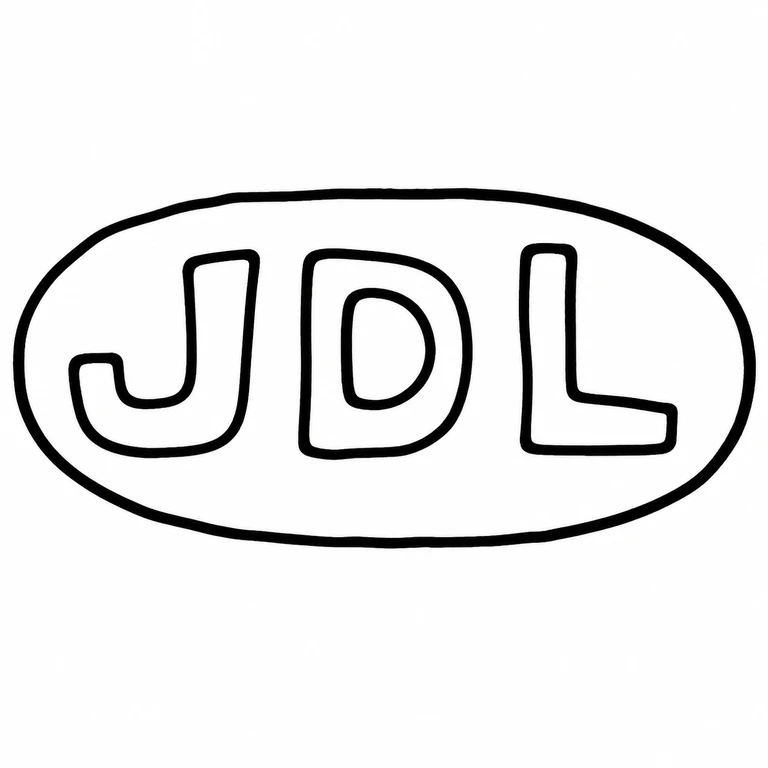 J D L: The oval cartouche and J-D-L sequence are reproduced in source direction with three separated letter forms and a useful surrounding crop; line reconstruction.