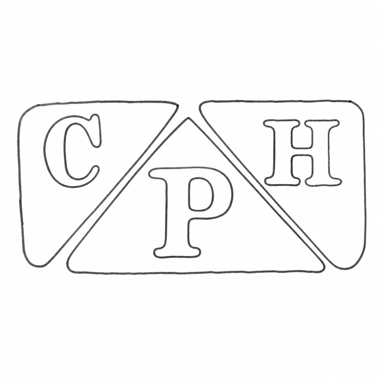 C H P: The split scroll-and-triangle border retains C at left, H at right, and P centered in the triangular lower field; line reconstruction.