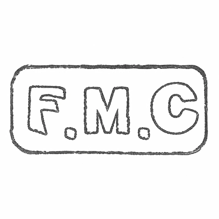 Frank Morton Crookes: Three letters, two visible separators and the rounded rectangular punch are retained in their source-supported horizontal arrangement. line reconstruction.