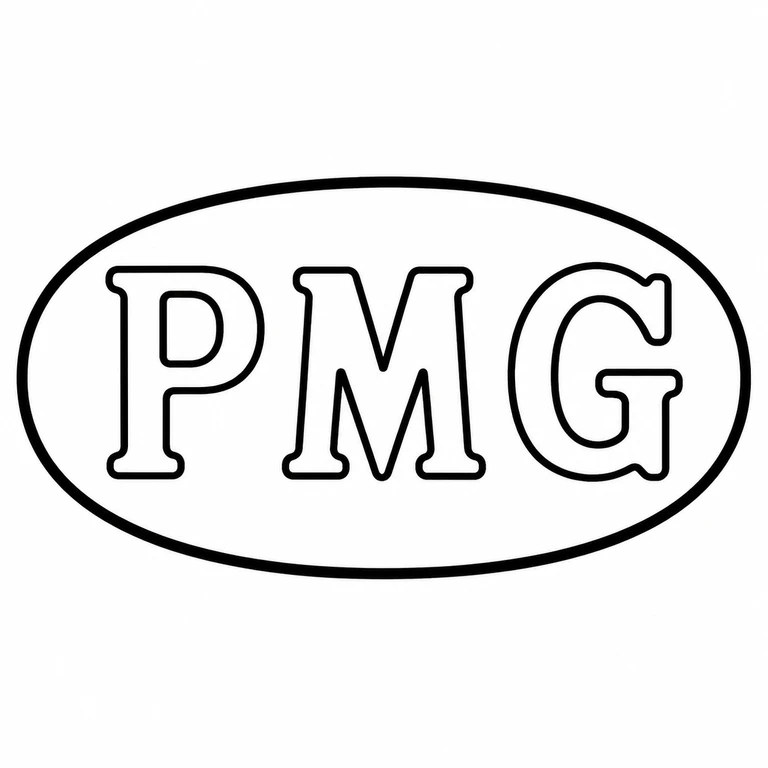P M G: The bordered horizontal PMG mark is retained with P, M, and G in the visible left-to-right order and an oval outer boundary; line reconstruction.