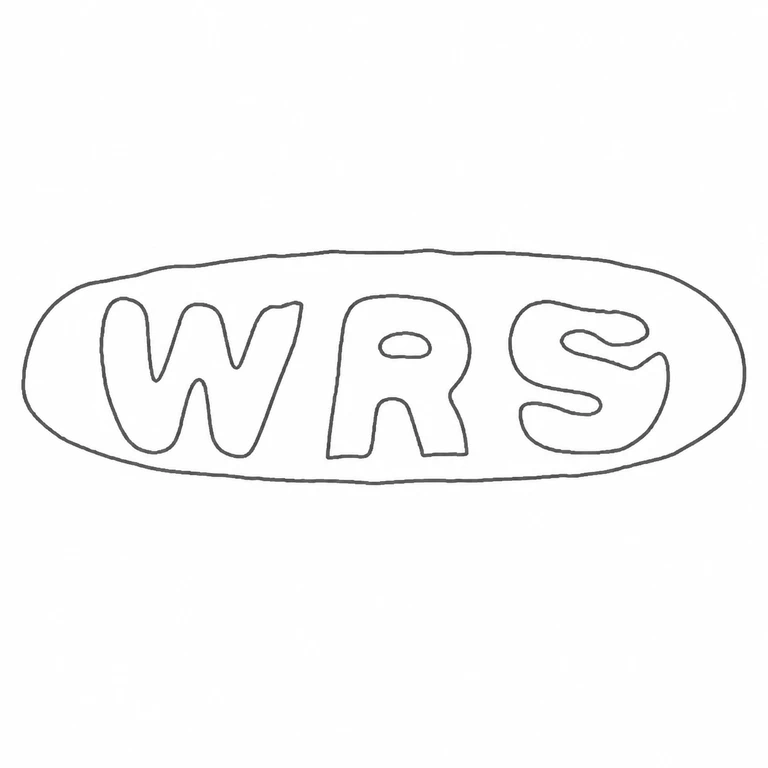 W R S: The drawing preserves the three-character sequence and the flattened oval cartouche in the source orientation. line reconstruction.