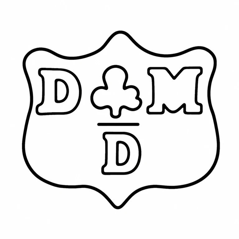 D & M Davis (David & Maurice Davis): The scalloped shield outline, upper three-part arrangement, horizontal divider, and lower letter are preserved in their source-supported positions. line reconstruction.