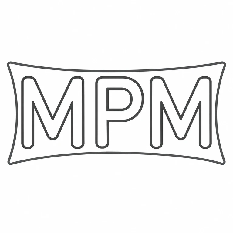 M P M: The three upright characters retain their left-to-right arrangement inside the single shallow-waisted rectangular cartouche. The enlarged drawing follows the source's rounded character strokes and bowed side treatment without adding separate marks. line reconstruction.