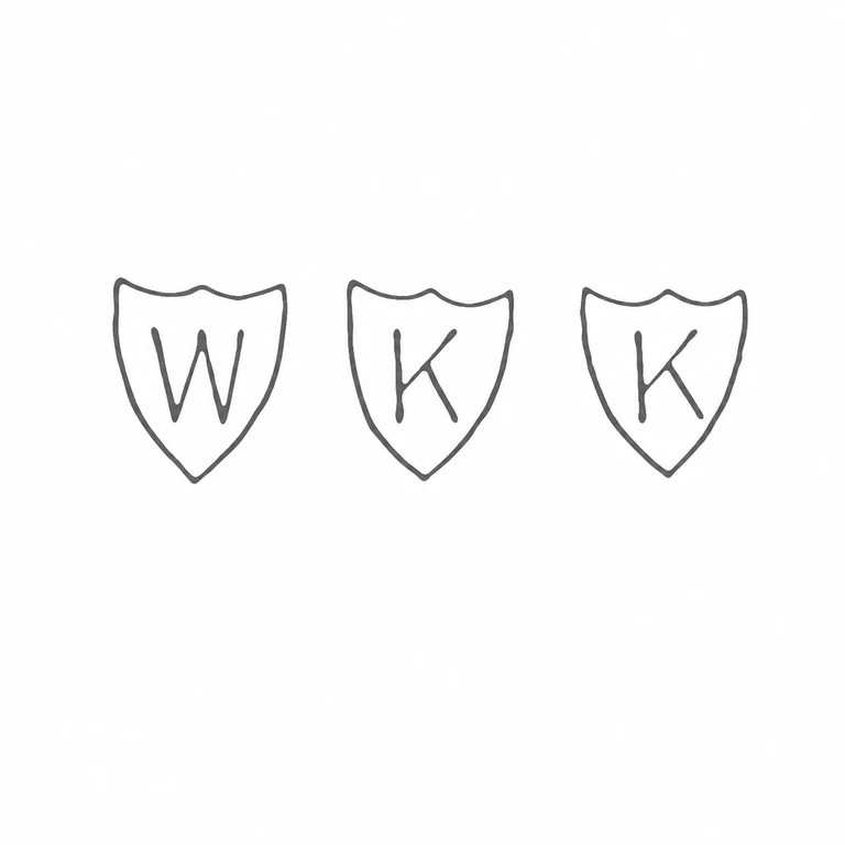 Kay & Co Ltd (William Kilbourne Kay): Three separate pointed shields are retained in source order, each with the corresponding visible interior letter strokes. line reconstruction.