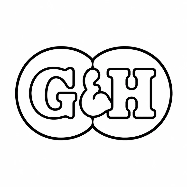 Grimme & Higgs: Two overlapping circular fields, outer letters, and central ampersand retained. line reconstruction.