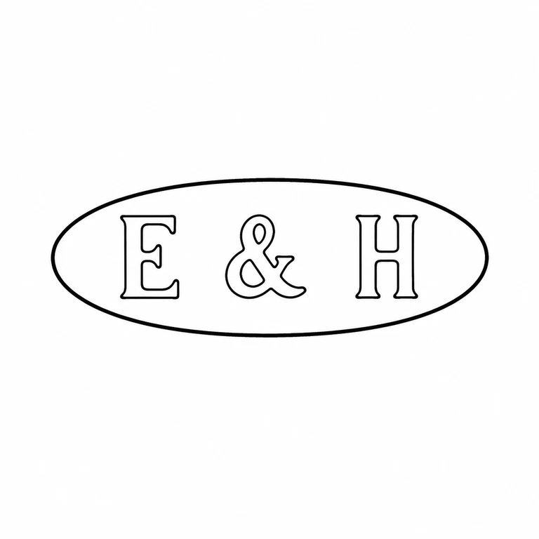 E & H: Oval cartouche and three-character sequence with central ampersand retained. line reconstruction.