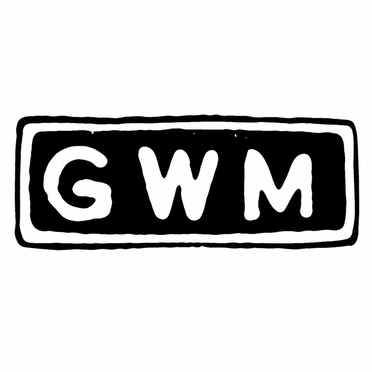 G W M: The three white letters in a single dark rectangular field, including their left-to-right order, are preserved. line reconstruction.
