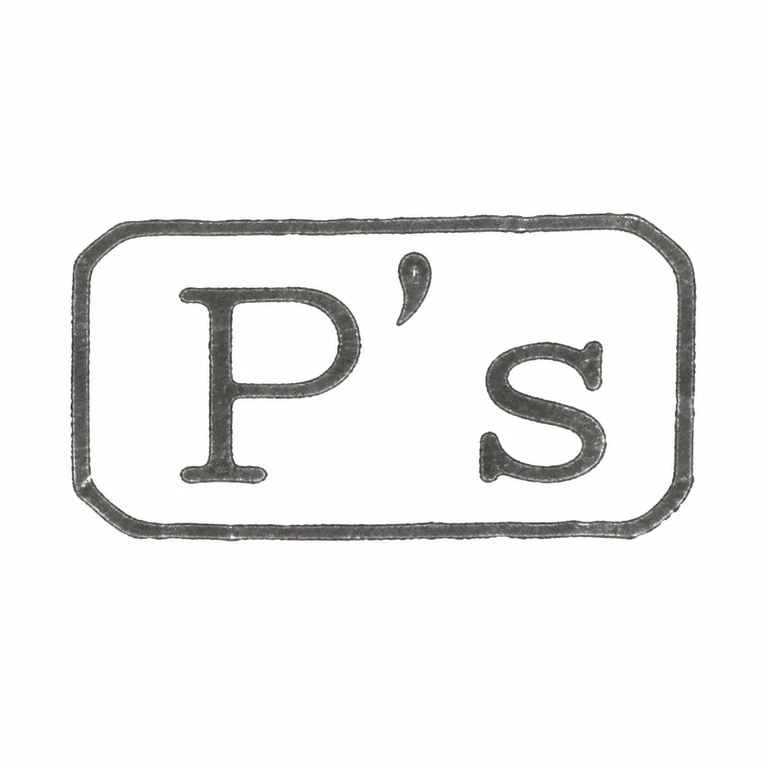 Penhaligon's: The rounded rectangular punch, large left letter, raised apostrophe, and smaller right letter are retained in the original left-to-right arrangement. line reconstruction.