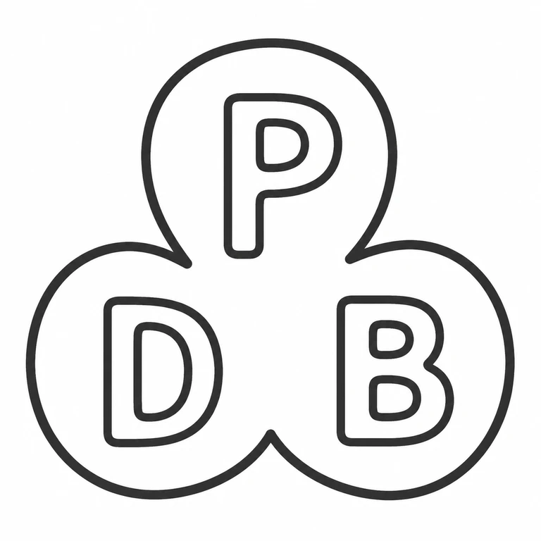 P D B: Three connected circular lobes, with one upper and two lower letterforms, are retained in the same triangular layout. line reconstruction.