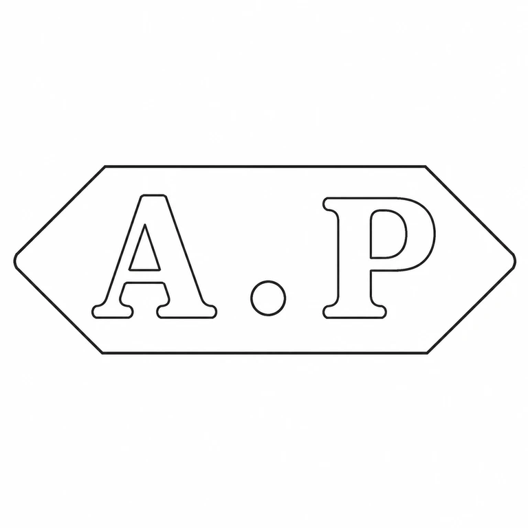 A P: Initial, centered stop, second initial, and the elongated pointed-end cartouche are preserved left-to-right. line reconstruction.