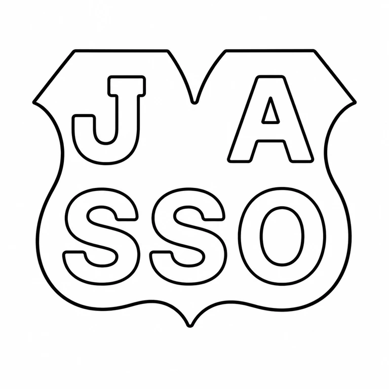 J A over S S O: The two upper letters and lower three-character row retain their source orientation, order, and enclosing scalloped shield form. line reconstruction.