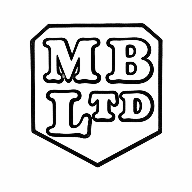 M Beaver Ltd: The shield-shaped cartouche and stacked M B over L T D lettering retain the photographed arrangement and reading direction. line reconstruction.