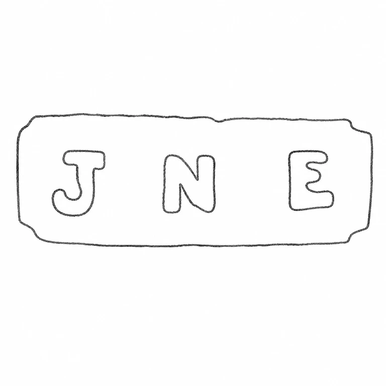 John Nicholas Emery: Spaced J N E lettering and clipped-end rectangular cartouche match the source layout; line reconstruction.
