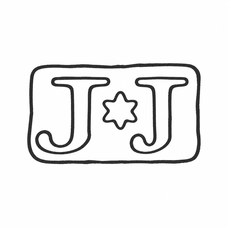 J J: The paired large glyphs, centered six-point star device, and rounded rectangular border retain the visible layout. line reconstruction.