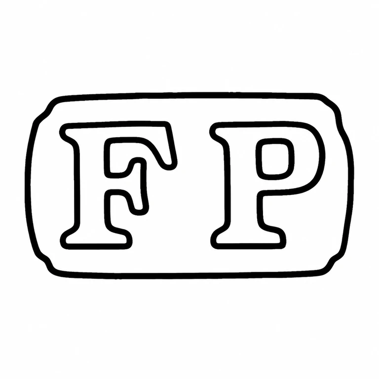Francis Powell: The two initials and their horizontal rounded-rectangle border are preserved without added forms. line reconstruction.