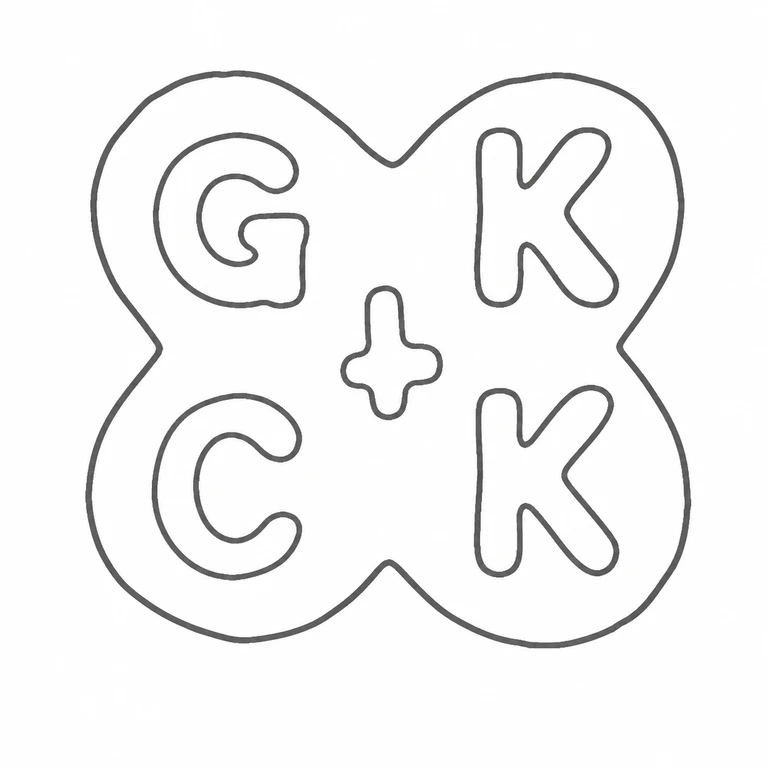 Kitney & Co (Gordon & Christopher Kitney): Four-lobed GK/CK arrangement, central plus, and clover outline are retained without rotation; line reconstruction.