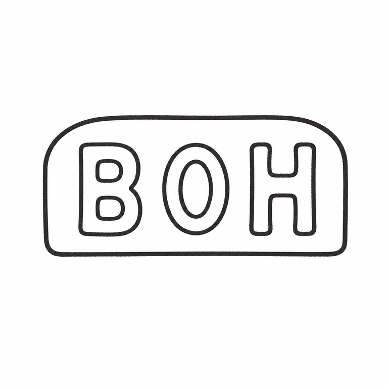 B O H: Rounded rectangular border and all three large initial forms are preserved in the same horizontal sequence, including the central oval opening. line reconstruction.