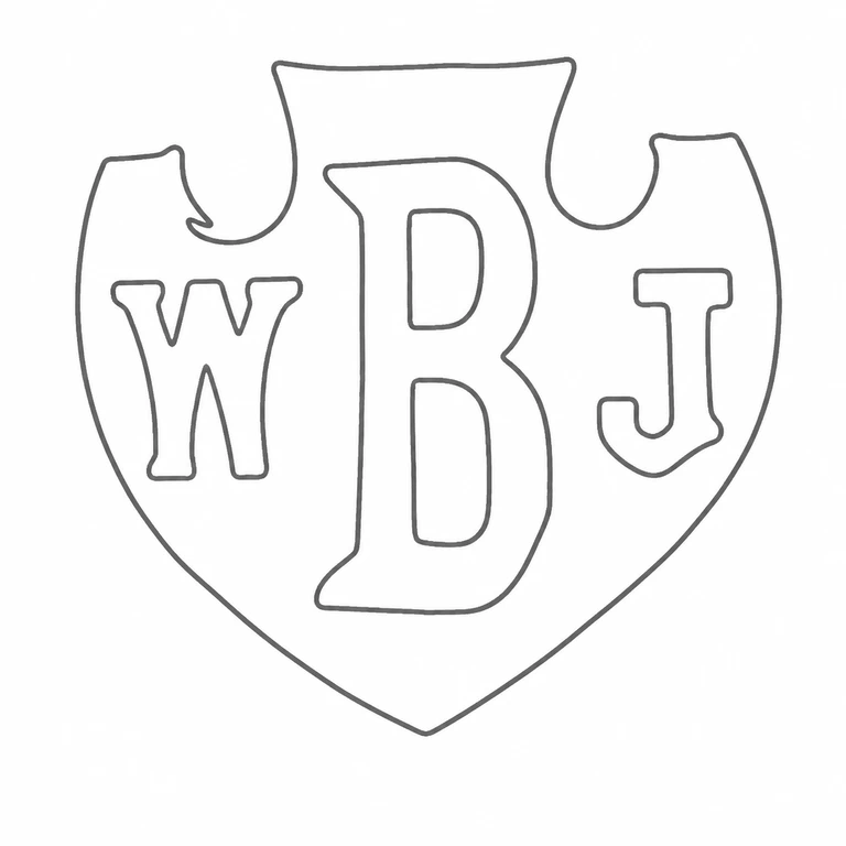 Walter & John Barnard: The W, B, J characters and shield cartouche with top notches and pointed base; line reconstruction.