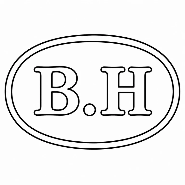Mark reading The oval double rim, left-to-right B-dot-H lettering, and upright reading orientation match the source; substrate shading is removed; line reconstruction