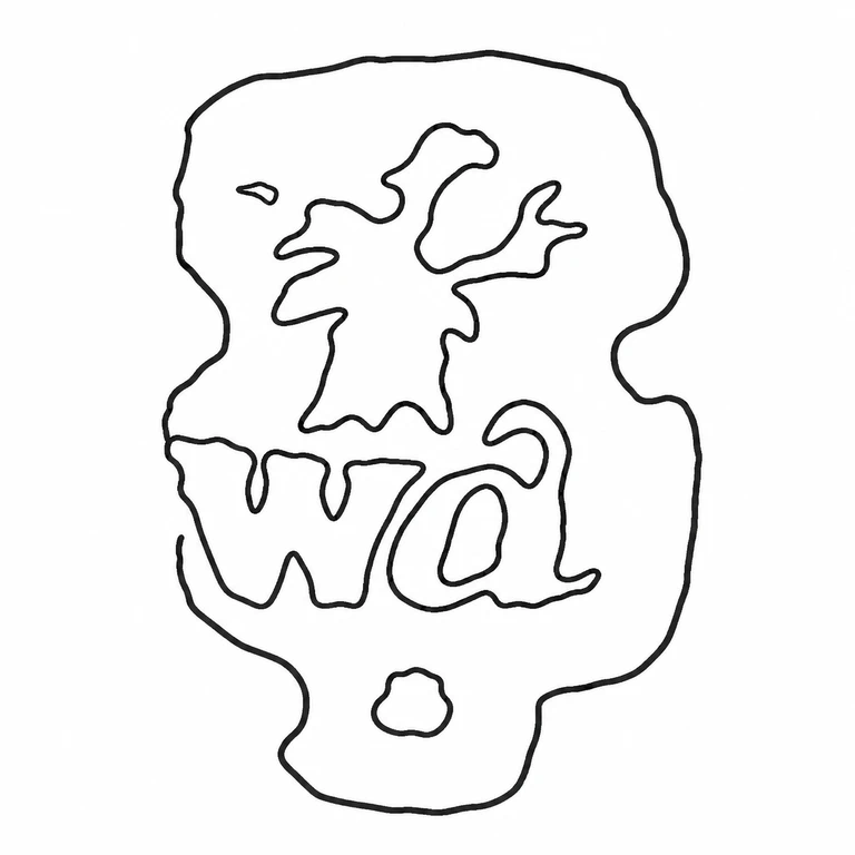 Benjamin Watts: The irregular outer field, upper animal-like silhouette, lower letter sequence, and bottom small enclosed feature follow the visible stacked source arrangement. line reconstruction.