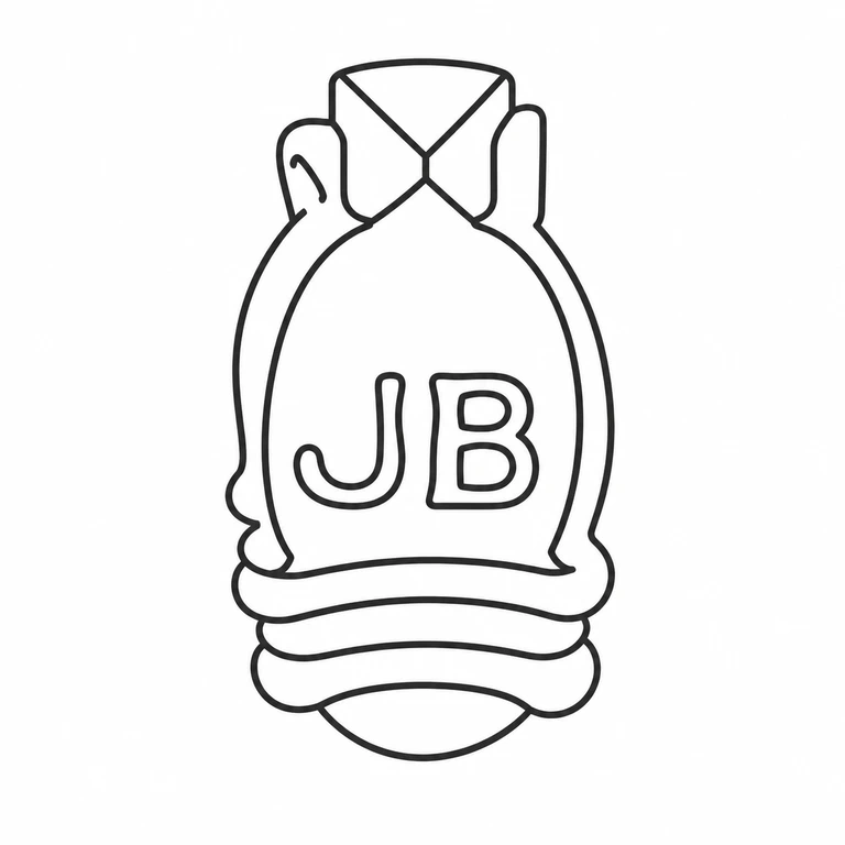 J B: The tied-sack silhouette, side folds, layered base bands, and centered two-letter inscription are retained upright. line reconstruction.