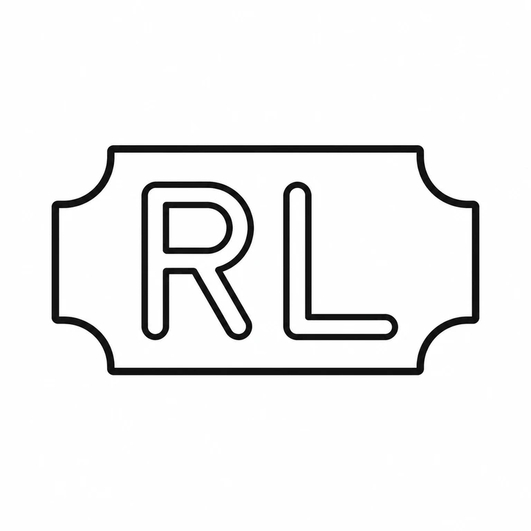 Ralph Lauren: The two upright initials and the ticket-shaped border with four concave corner transitions are retained in source orientation. line reconstruction.