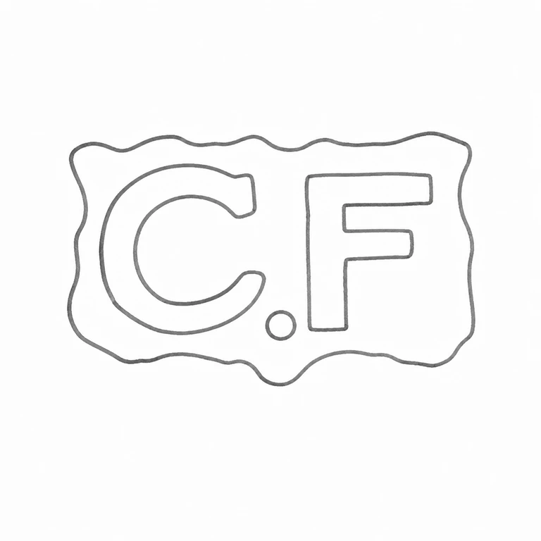 Charles Farris: Wavy rectangular cartouche retains C dot F left-to-right; line reconstruction.