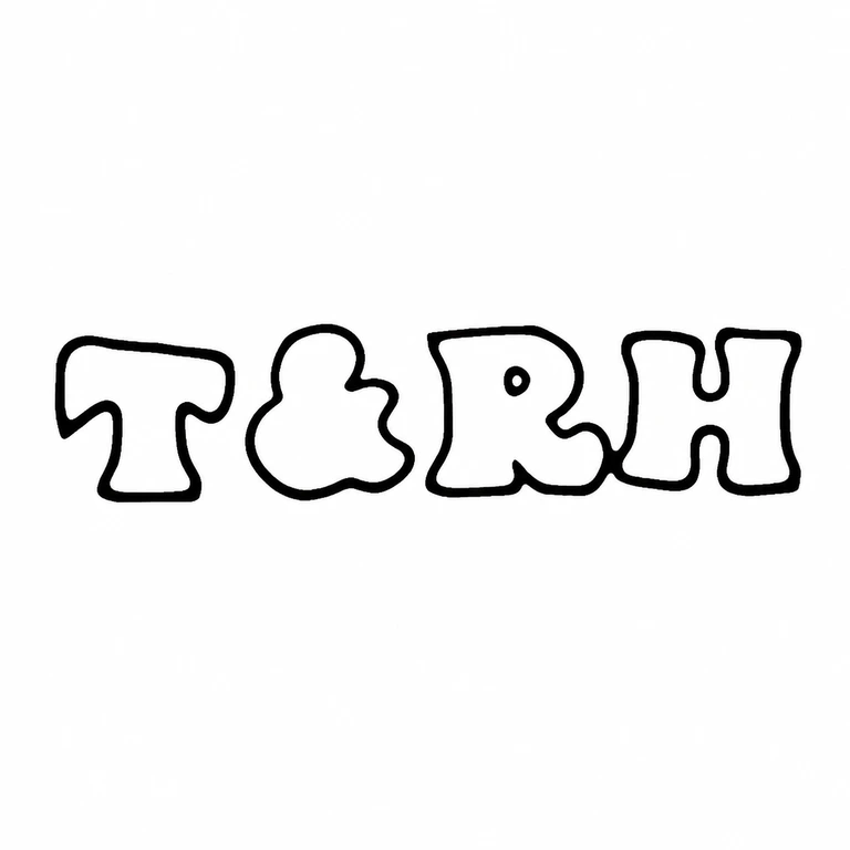 T & R Hayes: Four left-to-right character forms and the central ampersand preserve the observed order and irregular heavy outline treatment; no border is added. line reconstruction.