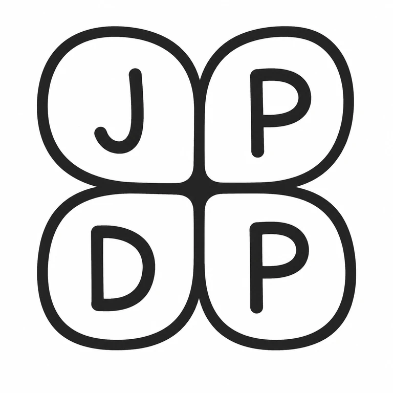 J P over D P: The four letters remain in the source's two-by-two order inside four connected rounded compartments. line reconstruction.