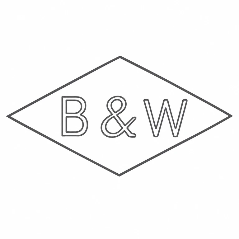 Burtons & Waters: The wide diamond cartouche remains upright with its four points and encloses the same three visible forms, including the central ampersand, in source order. The reconstructed contour and lettering omit only photographic relief and lighting. line reconstruction.