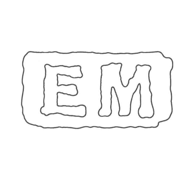 E M: Two upright initials and their horizontal rectangular punch are retained with source-consistent left-to-right placement. line reconstruction.