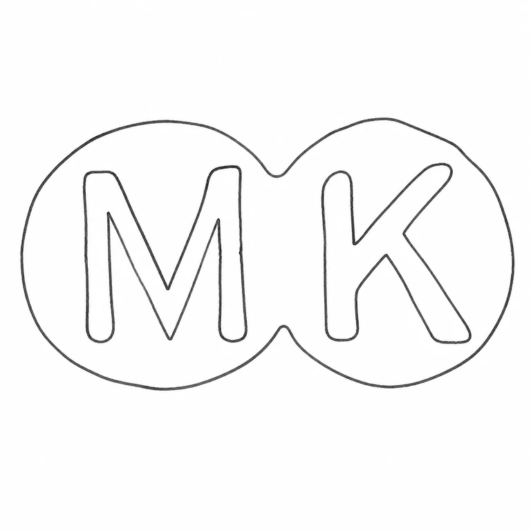 M K: The adjacent circular M and K punches, their order, central meeting notch are retained; line reconstruction.